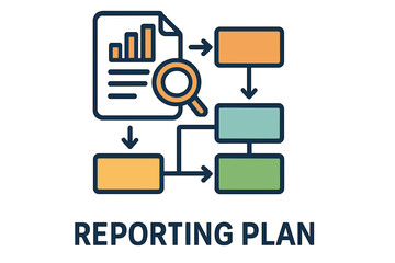 Reporting plan with flowchart and document illustration reporting plan diagram