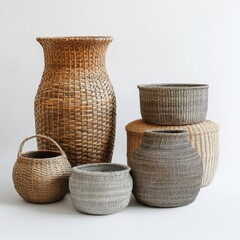 Collection of various woven wicker baskets of different sizes and shapes, displayed as home decor