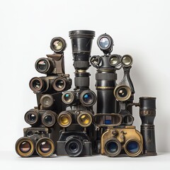 A collection of vintage cameras and optical equipment, including binoculars and spyglasses, isolated on white background