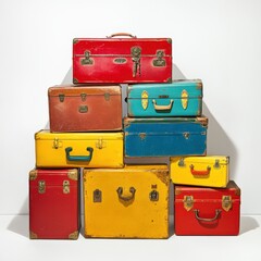 A stack of vintage suitcases in various colors including red, blue, and yellow, isolated on white background