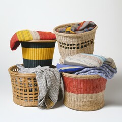 A collection of woven baskets filled with colorful striped textiles and blankets, isolated on white background