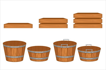 Wooden Boxes isolated on white. Empty wooden box illustration. Farm, storage, delivery. Boxes for storage. Harvest and agriculture concept. Farmers market. Organic packaging. Wooden crates