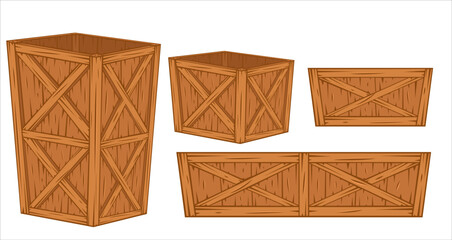 Wooden Boxes isolated on white. Empty wooden box illustration. Farm, storage, delivery. Boxes for storage. Harvest and agriculture concept. Farmers market. Organic packaging. Wooden crates