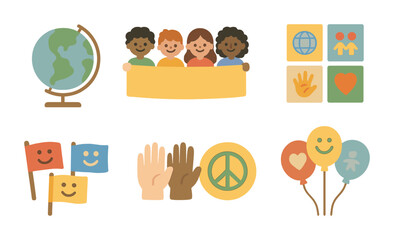 Fototapeta premium Diversity Celebration Icons. Flat vector mini-illustrations diversity awareness day in colors children's