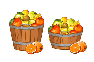 Wooden Boxes with fruits. Wooden crates with fruits. Fruits in wooden boxes illustration. Farm, storage, delivery. Organic market. Harvest and agriculture concept. Farmers market. Organic packaging