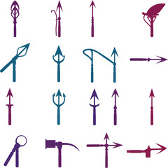 Harpoon Gun Vector Illustration Set. A colorful collection of futuristic grappling hook and spear gun silhouettes for sci-fi, adventure games, and comic art.