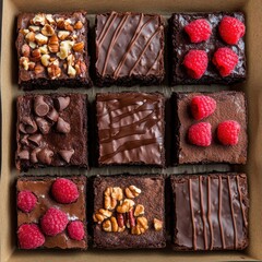 Assortment of delicious homemade chocolate brownies topped with walnuts, pecans, and fresh raspberries in a box, viewed from above