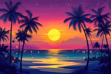 Beautiful tropical sunset on the beach with palm trees and ocean view