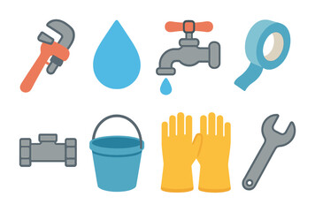 Fixing Leaky Faucet. Flat vector mini-illustrations fixing a leaky faucet in colors children's illustrations: