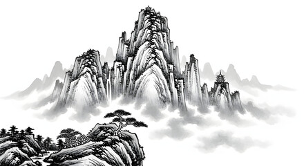 Chinese ink painting landscape mountain range scenic view traditional art asian art nature background serene generated with ai