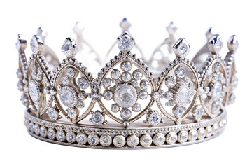Close up of a beautiful silver crown with diamonds isolated on transparent background, a symbol of royalty, wealth, and power