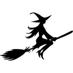 A black graphic silhouette of a traditional witch with a pointed hat flying on her broomstick for Halloween