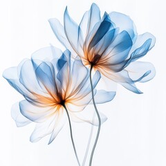 Two delicate blue translucent flowers with glowing orange centers, isolated on white background, showcasing their fragile beauty and intricate petal details