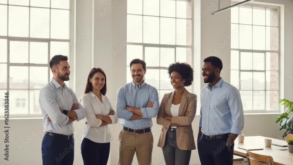Poster group of diverse professionals smiling and posing confidently in a modern office with large windows 