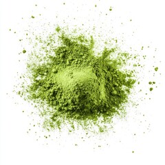 Green matcha powder explosion isolated on white background