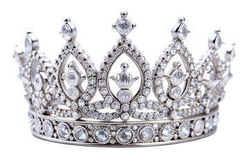Close up of a beautiful silver crown with diamonds isolated on transparent background, a symbol of royalty, wealth, and power