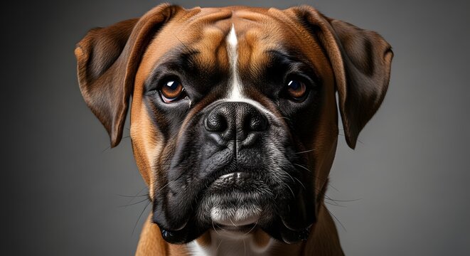 Captivating close-up portrait of a noble Boxer dog with soulful brown eyes and expressive face, showcasing its distinguished features against a clean studio backdrop