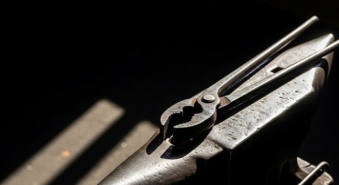 A pair of classic blacksmith tongs resting on a weathered iron anvil in a sunlit workshop, symbolizing traditional metalworking craftsmanship.