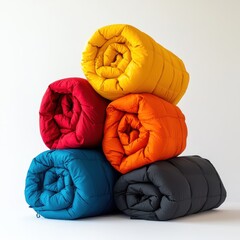 Stack of colorful rolled sleeping bags for camping and outdoor adventures