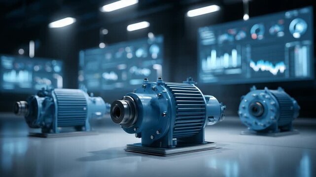 High-Tech Industrial Electric Motors with Digital Performance Dashboards in Smart Factory

