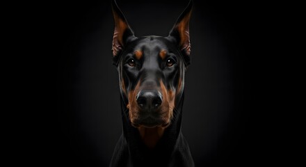 Intense Doberman Pinscher portrait with piercing gaze and alert ears, radiating strength and loyalty against a dramatic black background
