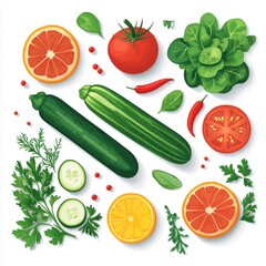 A vibrant flat lay of fresh, healthy vegetables and fruits including tomatoes, cucumbers, oranges, and herbs, isolated on white background