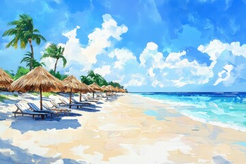 Idyllic tropical beach with palm trees and umbrellas on a sunny day