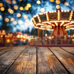 Amusement park at night with blurred carousel lights and a wooden table in the foreground, creating a festive and exciting atmosphere