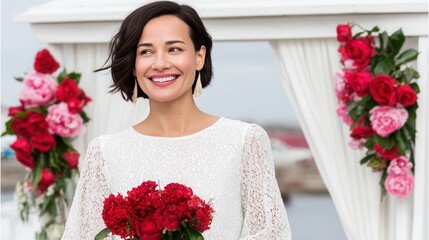 Bride holding bouquet of red roses wedding arch the sea