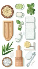 Flat lay of spa items used in saunas, vector top view, white background