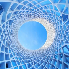 Looking up through a modern architectural structure with a geometric white lattice pattern towards a clear blue sky, showcasing unique design and natural light