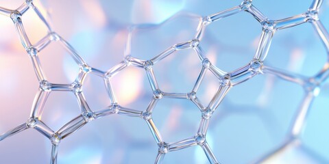 Fototapeta premium Molecular structure with transparent geometric pattern connected by lines. Abstract science background with light blue and iridescent tones, chemistry concept.
