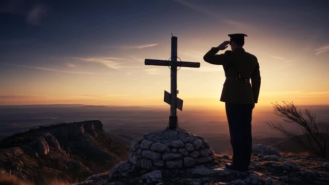Soldier Saluting at Sunset Memorial - A silhouetted soldier in uniform stands at attention, saluting a wooden cross atop a stone cairn at sunset.