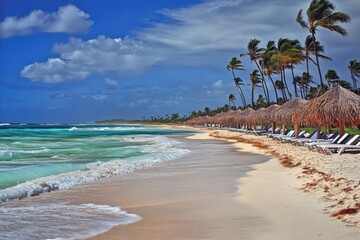 Beautiful tropical beach with palm trees and umbrellas on a sunny day