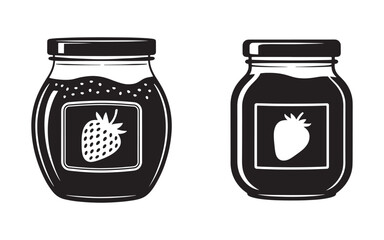 Two jars of strawberry jam with black lids fruit food