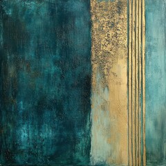 Abstract textured painting with teal and gold colors, featuring vertical lines and a distressed effect