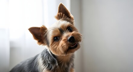 Adorable Yorkshire Terrier with curious tilt of head and bright eyes, captured in a soft, natural light setting, perfect for pet lovers and lifestyle content.