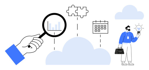 Hand holding magnifying glass observing analytics, cloud connecting puzzle, calendar, professional holding lightbulb. Ideal for data analysis, innovation, cloud computing, teamwork, problem-solving
