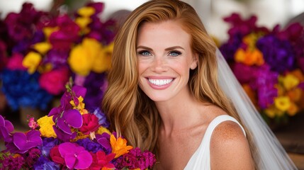 Smiling bride surrounded vibrant flowers