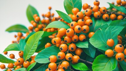 Bright orange berries with green leaves on a branch, close-up of a sunny plant.