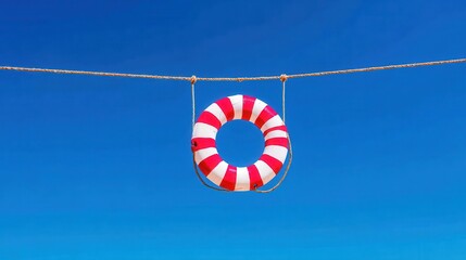 Lifebuoy hanging on rope clear blue sky