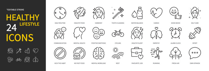 Healthy lifestyle icon set. Daily routine, healthy food, good mood, self care, mental health, positive emotions, sleep, sport, rest, running, fresh air, etc. Vector illustration. Editable stroke.