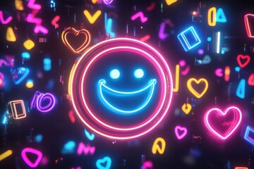 A cheerful neon smiley face surrounded by colorful shapes and symbols