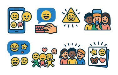 Fototapeta premium Playful Chat Icons. Flat vector mini-illustrations cheerful group chats in colors children's illustrations: