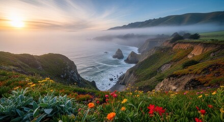 Coastal sunset over a vibrant cliffside meadow