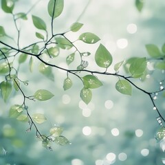Closeup of delicate green leaves on a branch with water droplets, featuring soft bokeh lights in the background, evoking a sense of natures beauty