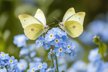 Two yellow butterflies perched on blue forgetmenot flowers in spring