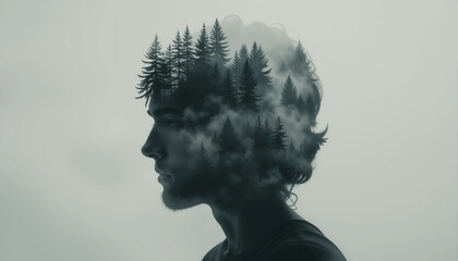  Double Exposure Portrait with Forest and Mist Inside Silhouette