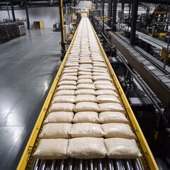 Bags of material moving along a conveyor belt in a large industrial factory production line, showcasing automation and manufacturing processes