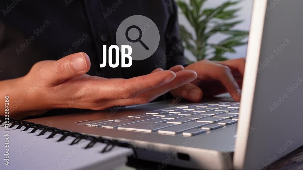 Poster person in front of a computer holding an animation of a magnifying glass and the word 